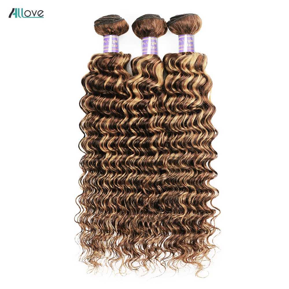 Allove Highlight Bundles With Clo Deep Wave Human Hair Bundles With 4x4 Transparent Lace Clo Ombre Honey Brown Remy HairXJ250120
