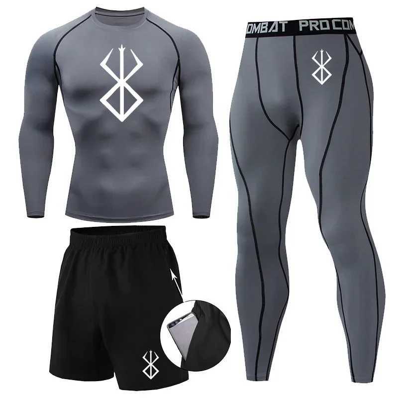Anime Berserk Print Athletic Compression Sets for Men Gym Workout 3 Pieces Fitness Suits Rash Guard Undershirt Tops Pants Shorts X250129
