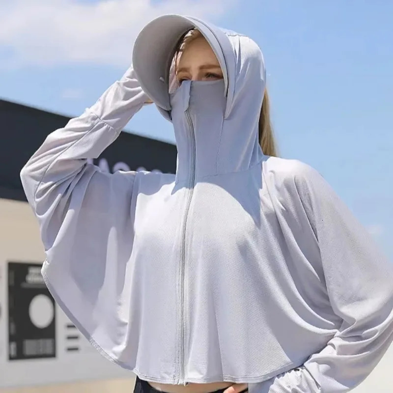 UPF 50 Women Sunscreen Hoodie Solid Color Thin Ice Silk Summer UV Protection Long-sleeved Jacket Breathable Shirt Clothing 250113