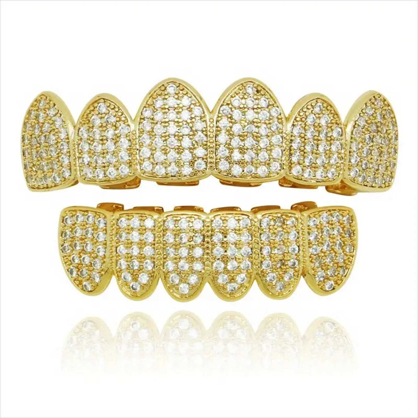 1set Hip Hop Full Iced Out Teeth Grillz Gold Plated Dental Grills Tooth Grillz Caps Crystal Teeth Caps Halloween Vampire ToothXJ250114