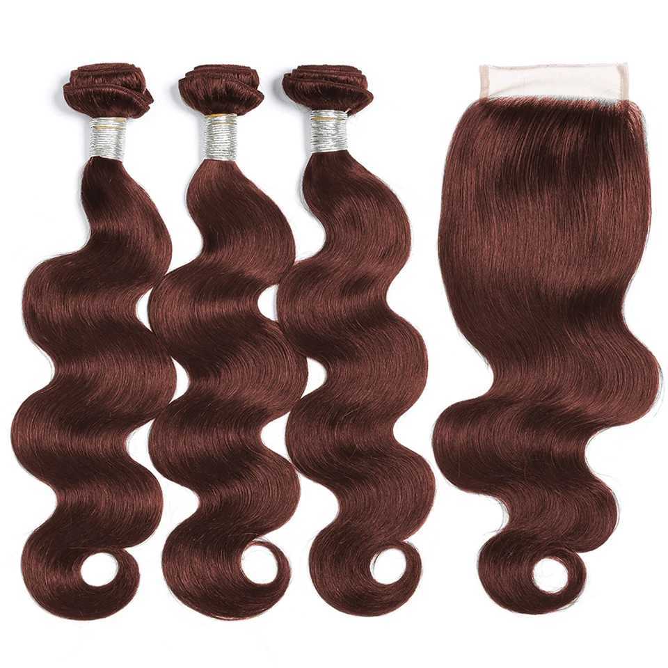 #33 Reddish Brown Colored Body Wave Bundles With Clo Peruvian Remy Hair Weave 3/4 Bundles With 4x4 13x4 Clo and FrontalXJ250120