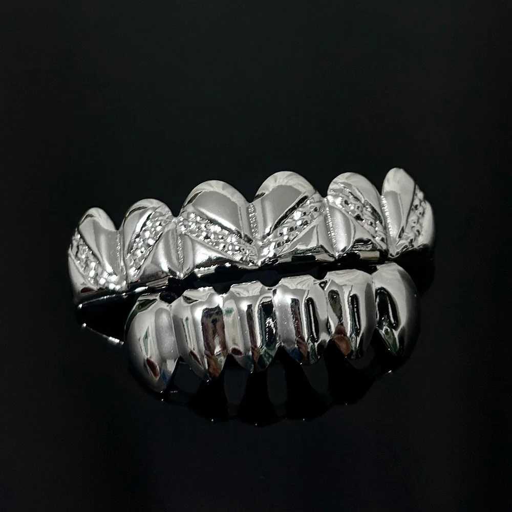 RACHELZ Hip Hop Chain Pattern Glossy Tooth Grillz Braces Classic 6/6 Top Bottom Teeth Caps For Women Men Jewelry CosplayXJ250114