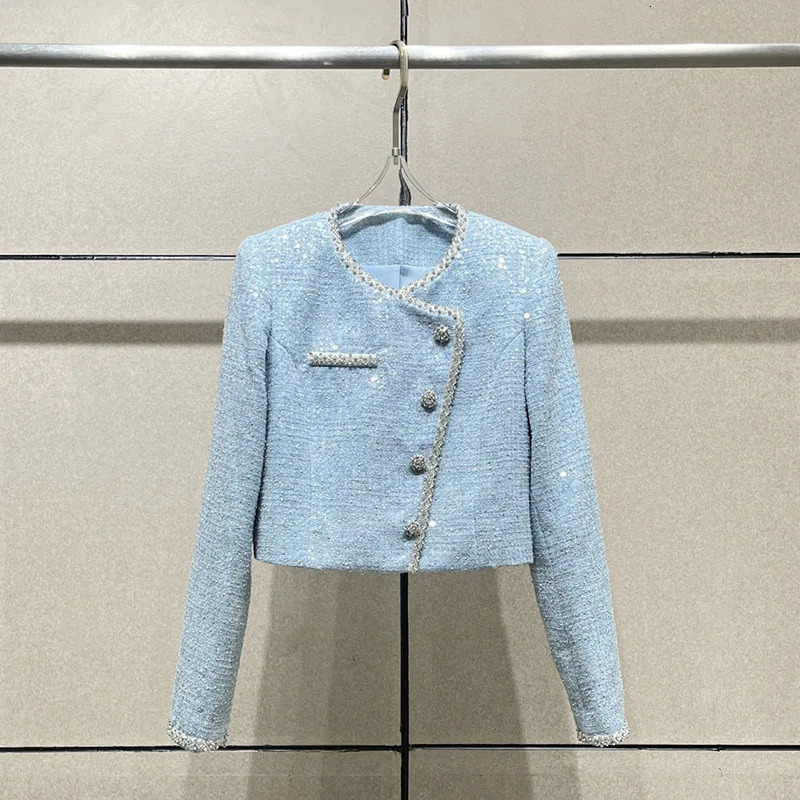 y2k springsummer round neck slant placket sequin drill button jackets for women high waist tweed midi dresses short sets 250113