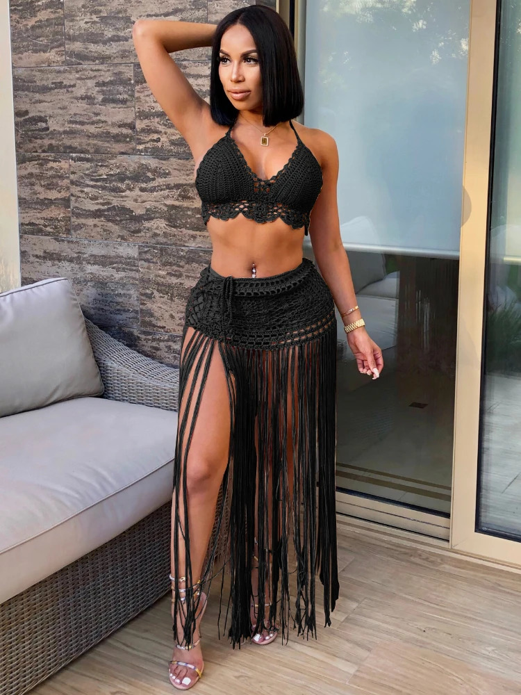 Leosoxs Sexy Women Knitted Set Halter Backless Crop Top Long Tassels Skirt Two Pieces Set Crocheted Beach Outfits 250122