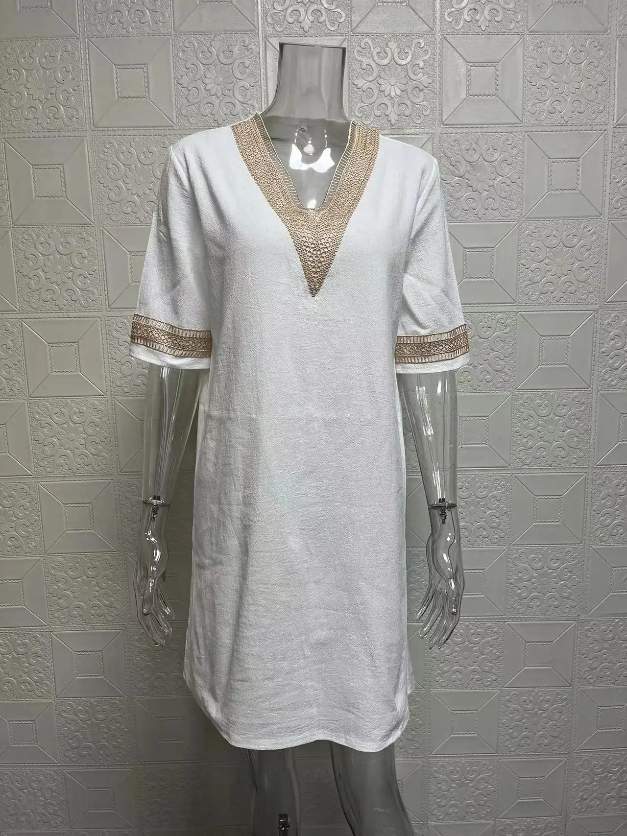 solid color Vneck mid sleeved cotton linen elegant dress 250121