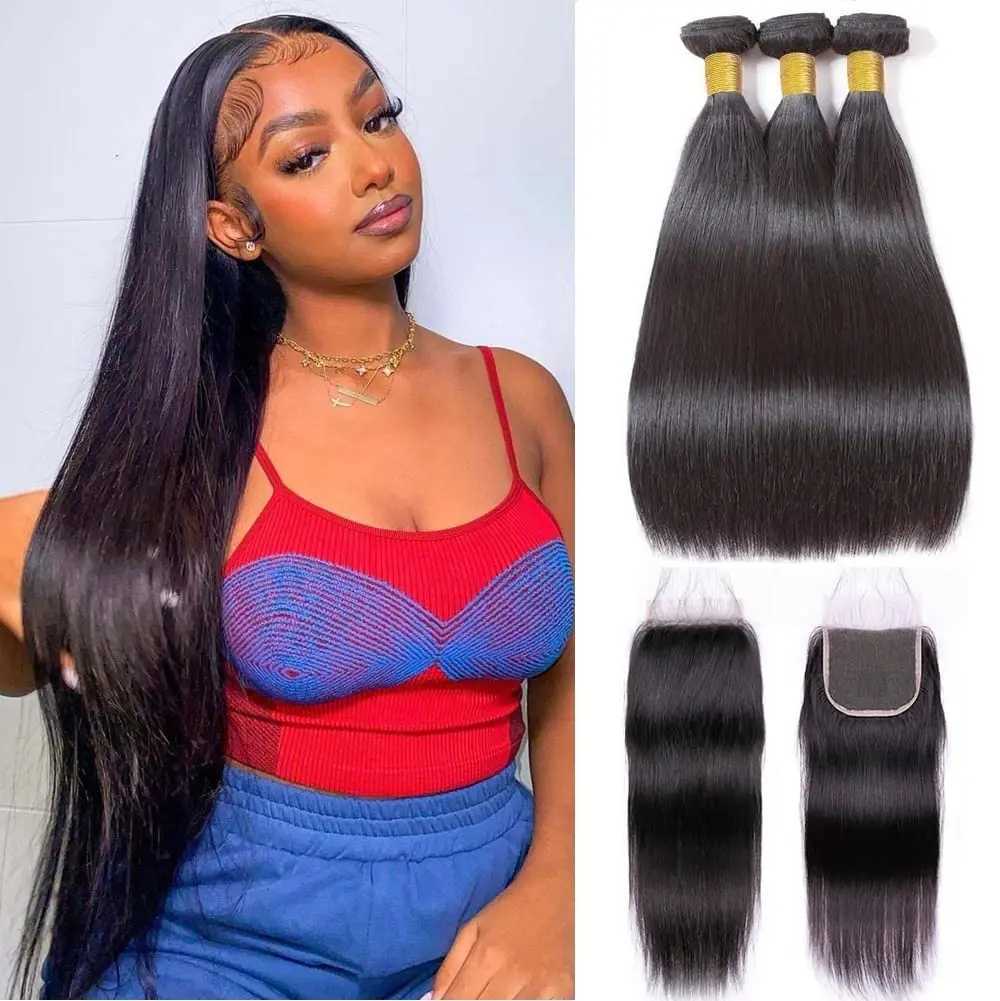 Brazilian Straight Bundles with Clo 100% Unprocessed Straight Virgin Hair Weave 3 Bundles with 4x4 HD Lace Clo StraightXJ250120