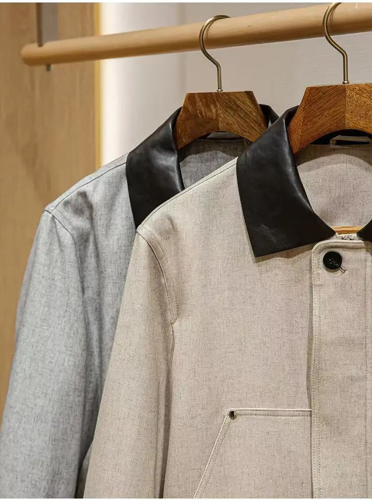 Linen blend canvas workwear style mens genuine leather lapel jacket 250120