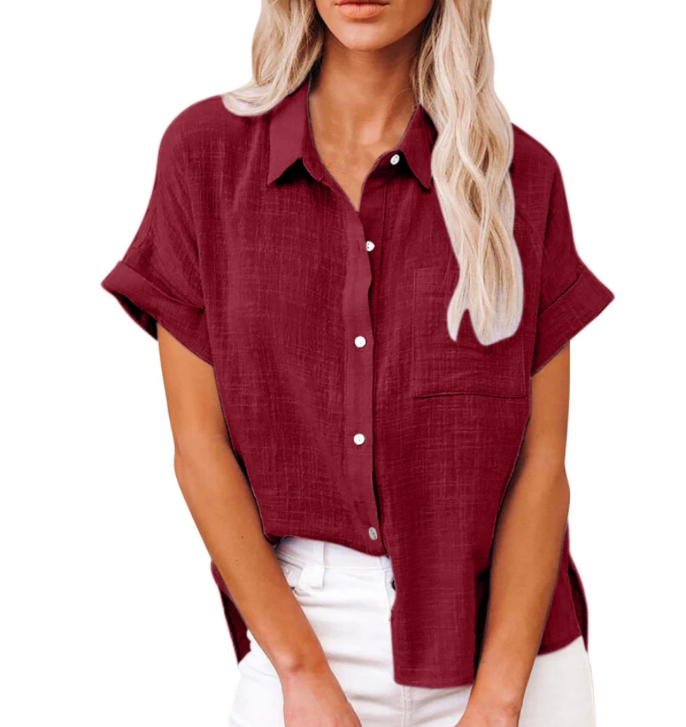 Women Pure Color Linen Shirt Short Sleeve Casual Loose Fit Blouse Fresh Sweet Style Polyester Fabric Available In Multiple Sizes 250121