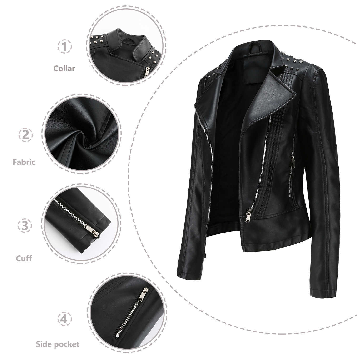 European Womens Beaded Leather Jacket Womens Long-sleeved Fashion Jacket Lapel Motorcycle Jacket Thin Spring Autumn Womens Jacket Womens Leather 24120