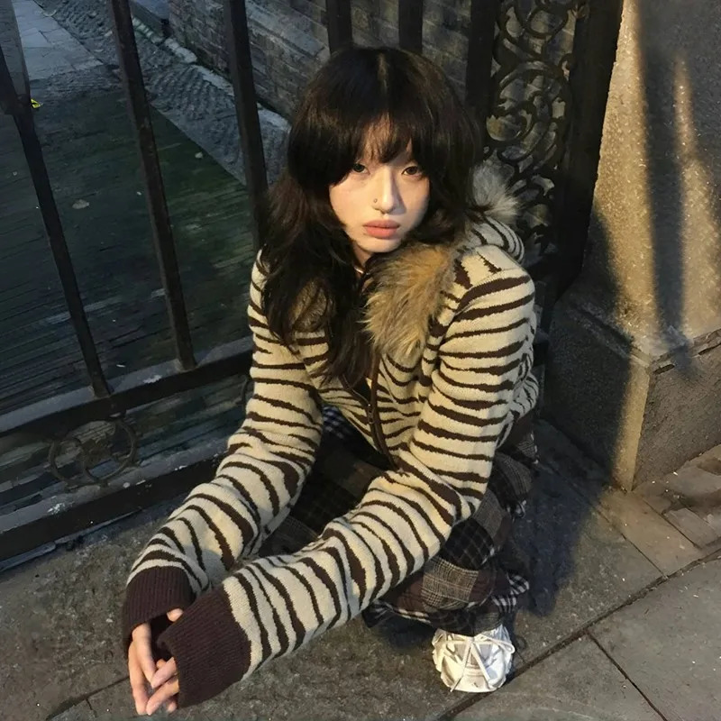 Karrram Japanese Y2k Fur Collar Cardigans Vintage Harajuku Leopard Hooded Knitwear Grunge Aesthetics Fur Coat American Retro 00s 250122