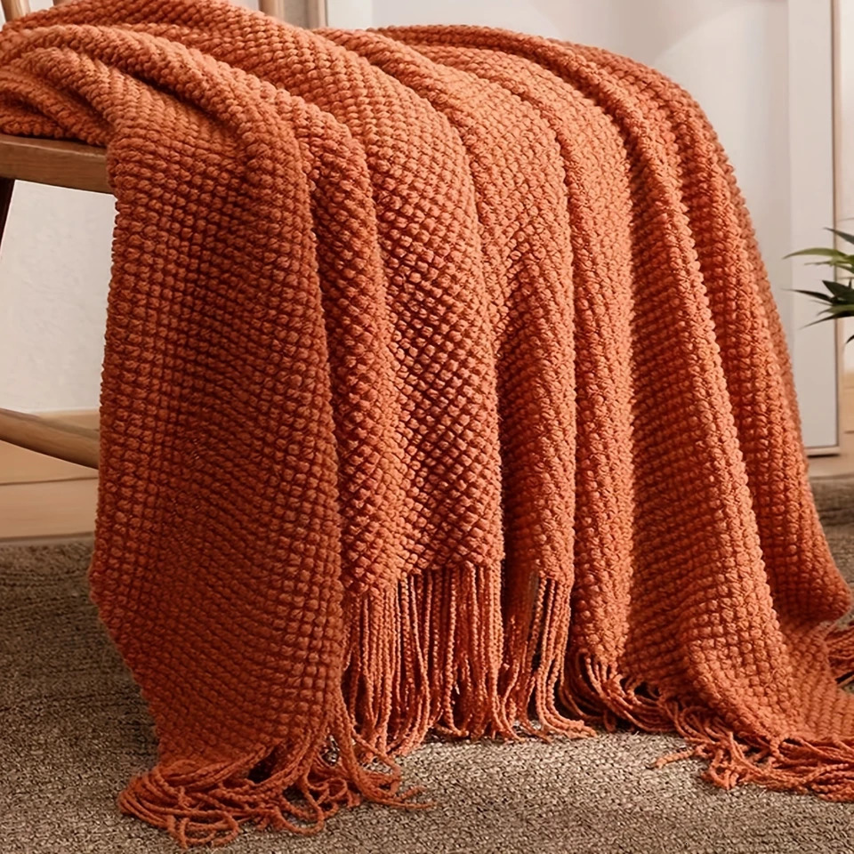1pc Morandi Orange Tassel Knitted Blanket Soft Warm Throw Blanket Nap Blanket For Couch Sofa Office Bed Camping Travelling 250113