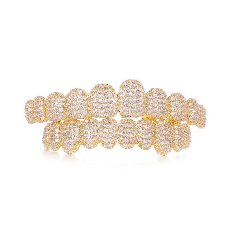 Hip Hop 10 Full CZ Stones Long Teeth Grillz Caps Cubic Zircon Iced Out Micro Pave Top Bottom Charm Grills For Men Women JewelryXJ250114