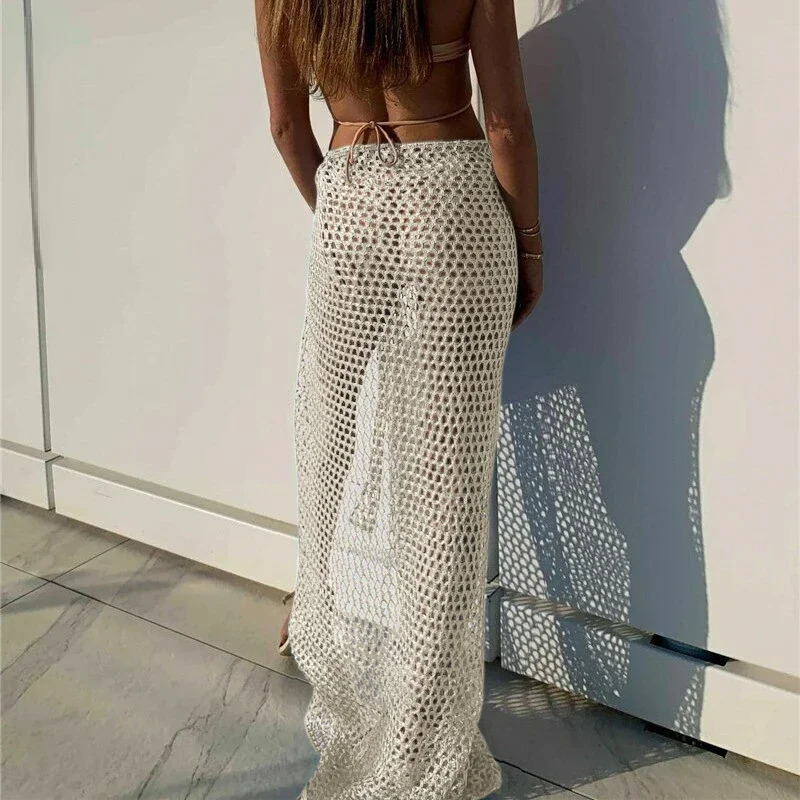 Sexy Wrap Skirt Binding Rope Beach Wear Sarong Arrival Women Knitting Crochet Hollow Out Cover Up Solid Color Dress 250120
