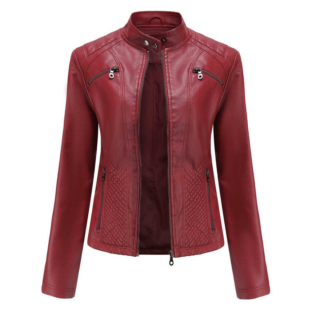 New Womens Casual Leather Jacket Stand Collar Jacket Slim Jacket Womens Spring and Autumn Solid Color Womens Leather Jacket Womens Leather Womens Jack