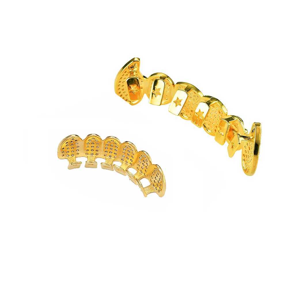 Hip Hop Teeth Grillz Skull Shape Gold Plated Dental Grills Rock Tooth Grillz Caps Crystal Teeth Caps Halloween Vampire ToothXJ250114
