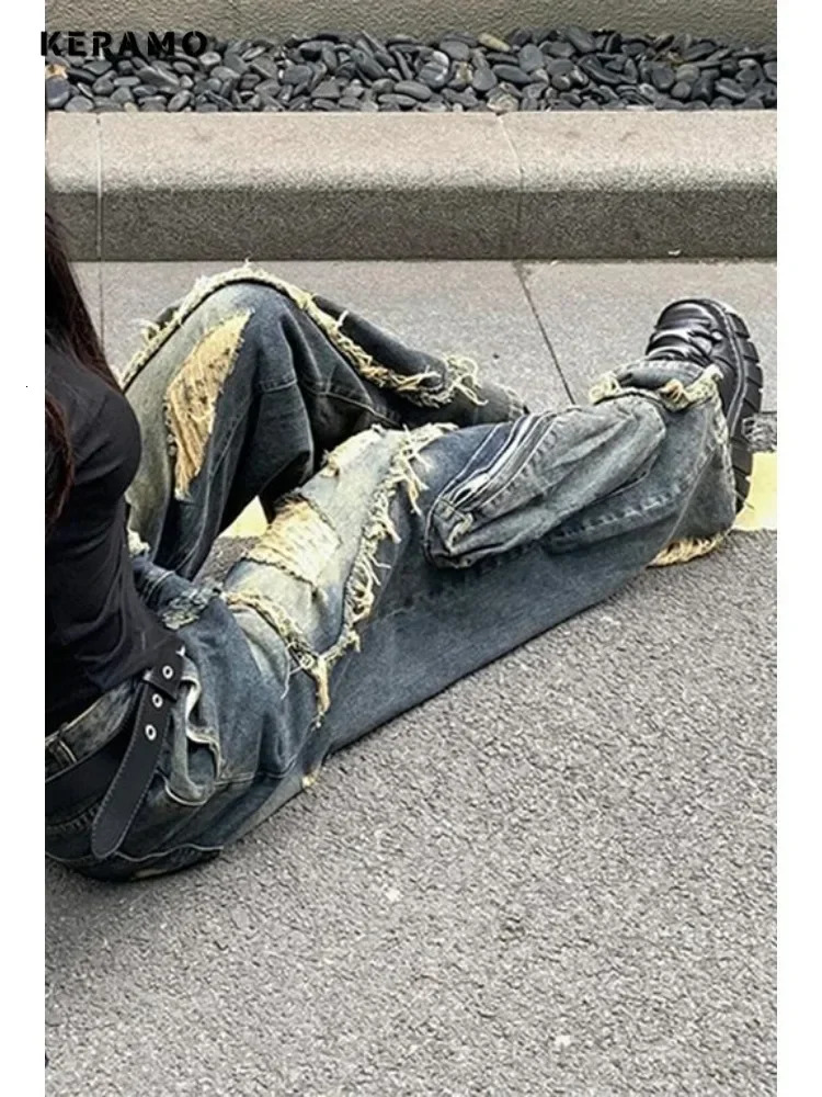 Winter Punk Sexy Vintage Ripped Harajuku Loose Jeans Y2K Hollow Out Trashy Pants Womens BaggyTassels Denim Trouser 250117