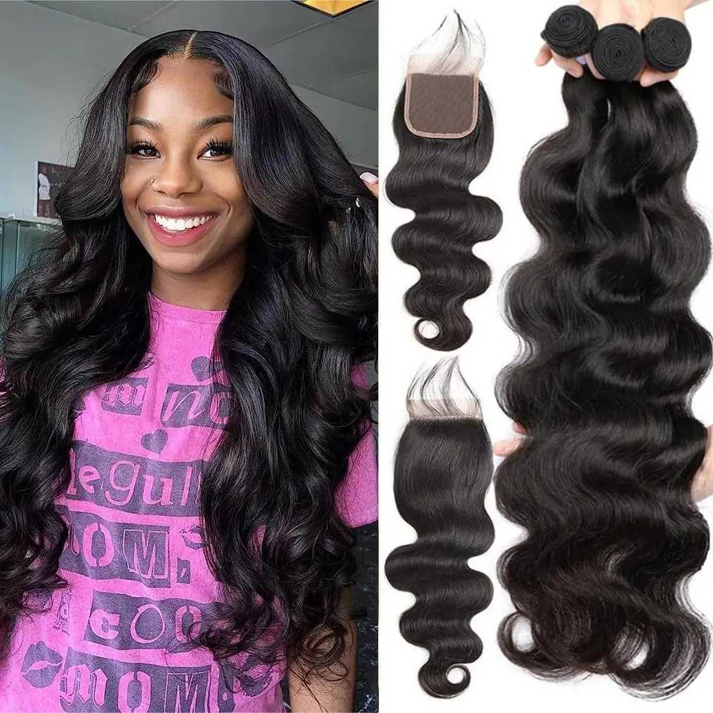 Human Hair Bundles with Clo Body Wave Brazilian Virgin Human Hair Weave 3 Bundles with 4x4 Lace Clo Natural Black ColorXJ250120