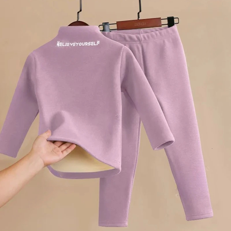 2-Piece Autumn Winter Fleece Childrens Turtleneck Warm Home Clothes Set Boys Girls Letter Print Pajamas and Pajama Pants Set 250113
