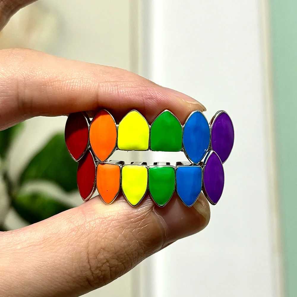 RACHELZ Hip Hop 6/6 Glossy Colorful Teeth Grillz Fangs Fashion Rainbow Tooth Caps For Women Men Jewelry Halloween CosplayXJ250114