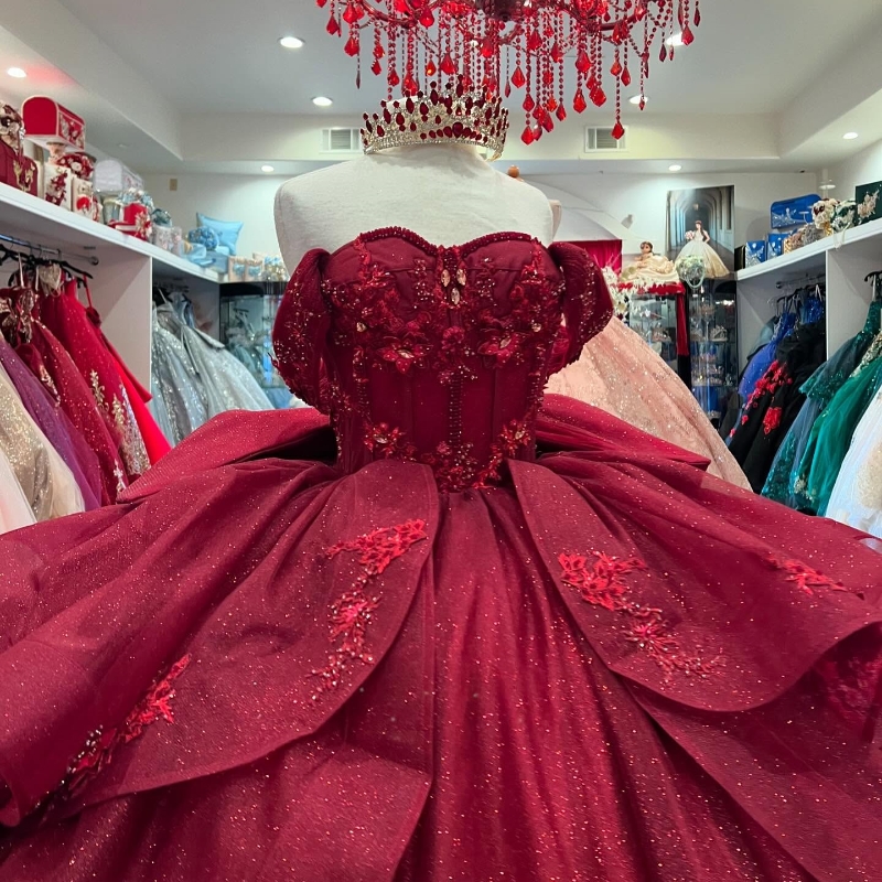 Red Shiny Quinceanera Dresses Ball Gown Off Shoulder Appliques Lace Beading Crystal Bow Tull Tiered Birthday Party Sweet 16 dress Vestidos15 Anos