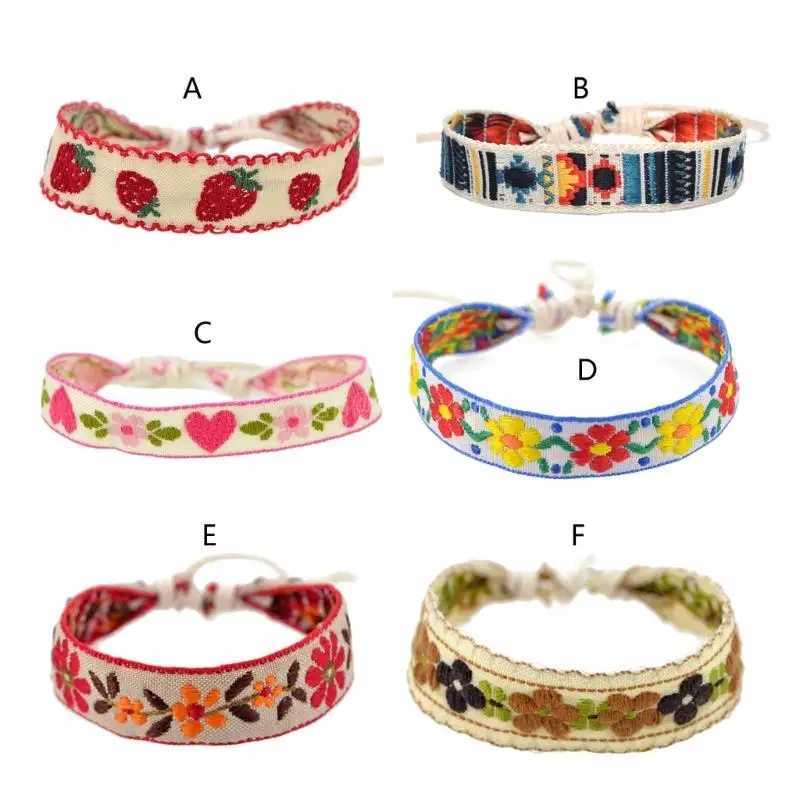 Boho Strawberry Flower Embroidered Bracelet Handmade Braided Bracelet Friendship Wrap Bracelets Thread Woven Wristbands X250129