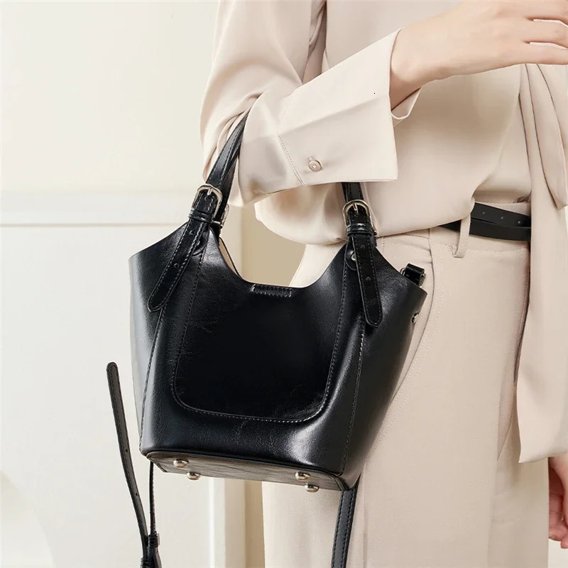 Burminsa Cowhide Genuine Leather Bucket Crossbody Bags For Women Tote Shoulder Bags Small Ladies Handbags 250122