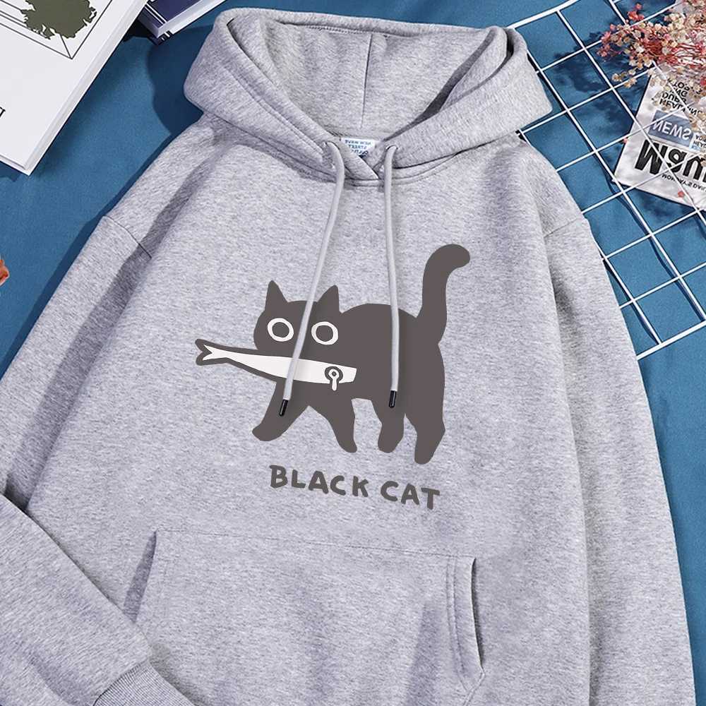 Fun A Black Cat Eating Fish Hoody Men Women Harajuku Fashion Sweatshirt Loose Oversized Streetwear Fleece Warm Couple HoodiesXJ2500118