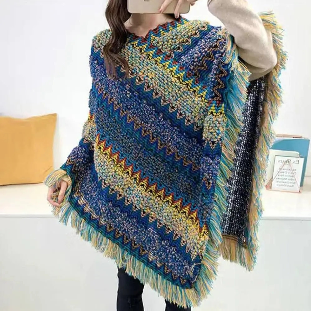 Fashion Mongolian Poncho Womens Ethnic Style Knitted Cape Pullover Tassel Shawl Coat Overlays Knitting Wraps 250120
