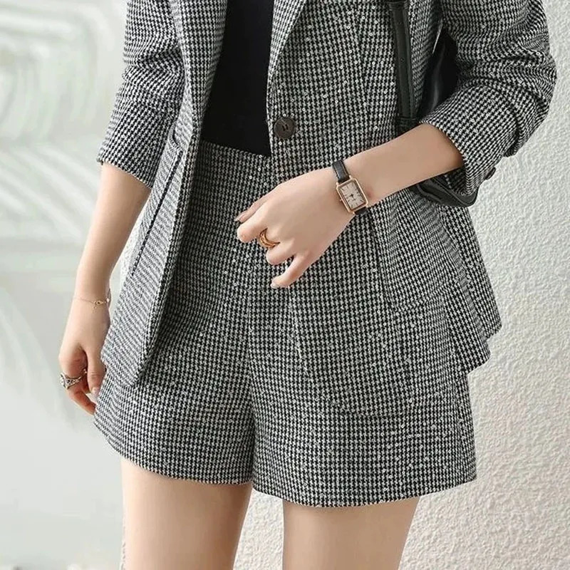 Spring Fall Plaid Sequins Suits Office Full Sleeve Blazer Jackets High Waist Short Pants Outfits Elegant 2 Pieces Sets 250122