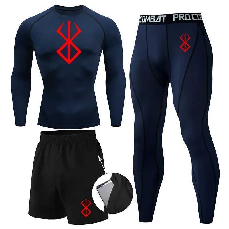 Anime Berserk Print Athletic Compression Sets for Men Gym Workout 3 Pieces Fitness Suits Rash Guard Undershirt Tops Pants Shorts X250129