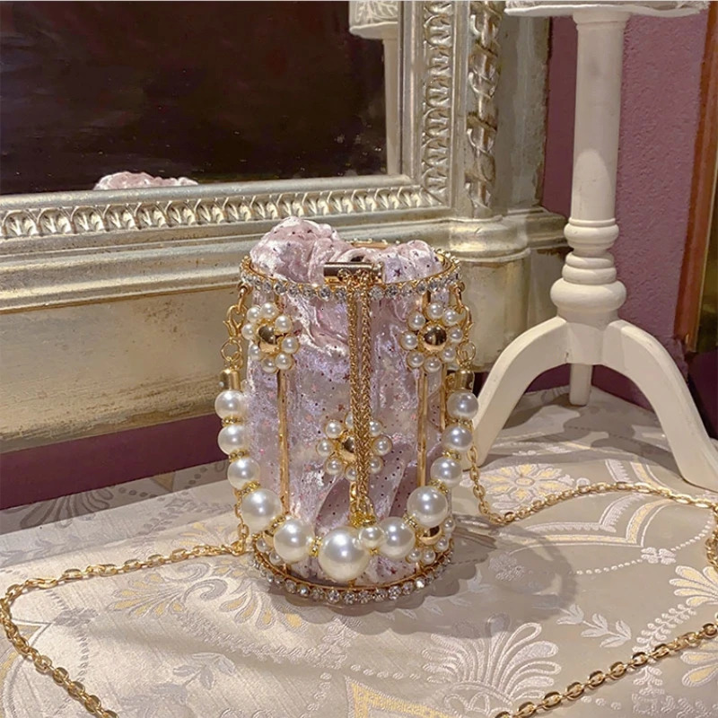 Metal Hollowed Out Rhinestone Basket Handbag Pearl Flowers Drawstring Chain Bucket Bag Beaded Handle Crossbody Evening Party Bag 250118