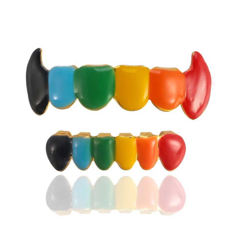 1 Set Hip Hop 18K Gold Plated Grillz Teeth Shiny Grillz Colorful Finish Top Bottom Tooth Jewelry Halloween PropsXJ250114