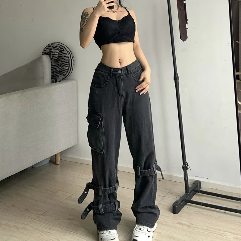 American Retro Smoke Grey Overalls Jeans Womens Y2K Street Hip Hop Trend Versatile Wide Leg Pants Casual High Waist Sexy Jeans 250109
