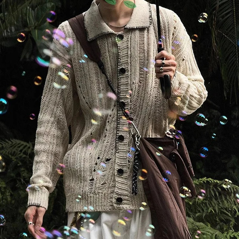 Casual Knitted Hollow Out Shirts Mens Vintage Long Sleeve Lapel Buttoned Knit Cardigan Tops Men Spring Fashion Solid Color Shirt 250118