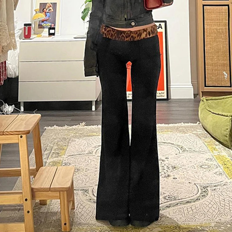 BIIKPIIK Leopard Print Patchwork Waist Flare Pants for Women Casual Fashion Black Low Waist Trousers All-match Concise Clothing 250122
