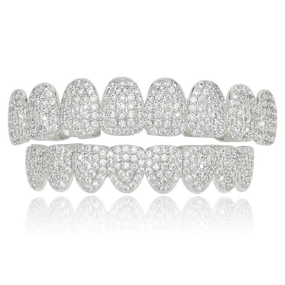 Hip Hop Full Iced Out CZ Stones Teeth Grillz Caps Cubic Zircon Top Bottom Charm Grills Set For Men Women Jewelry GiftXJ250114