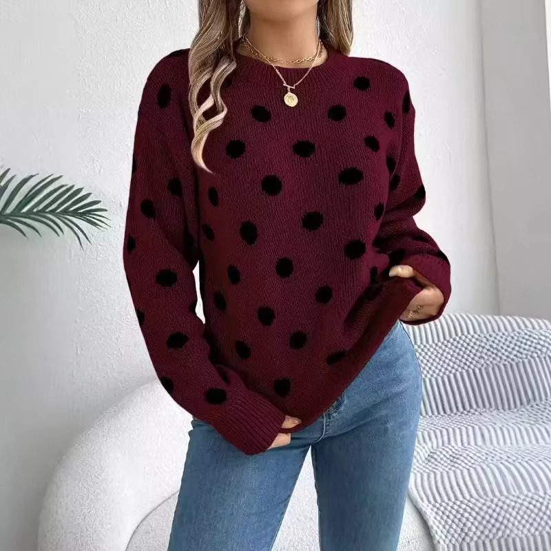 2025 Autumn/Winter Casual Contrast Color Polka Dot Sweater Women Round Neck Loose Pullover Female Fashionable Retro Outerwear