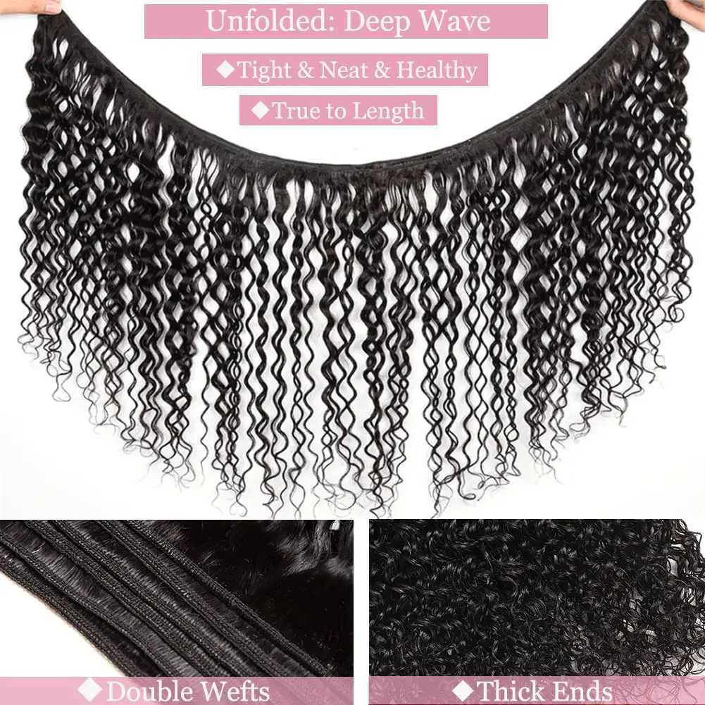 Deep Wave Bundles with Clo Human Hair 100% Brazilian Virgin Remy Hair 3 Bundles and 13x4 HD Lace Clo with Baby Hair #1BXJ250120