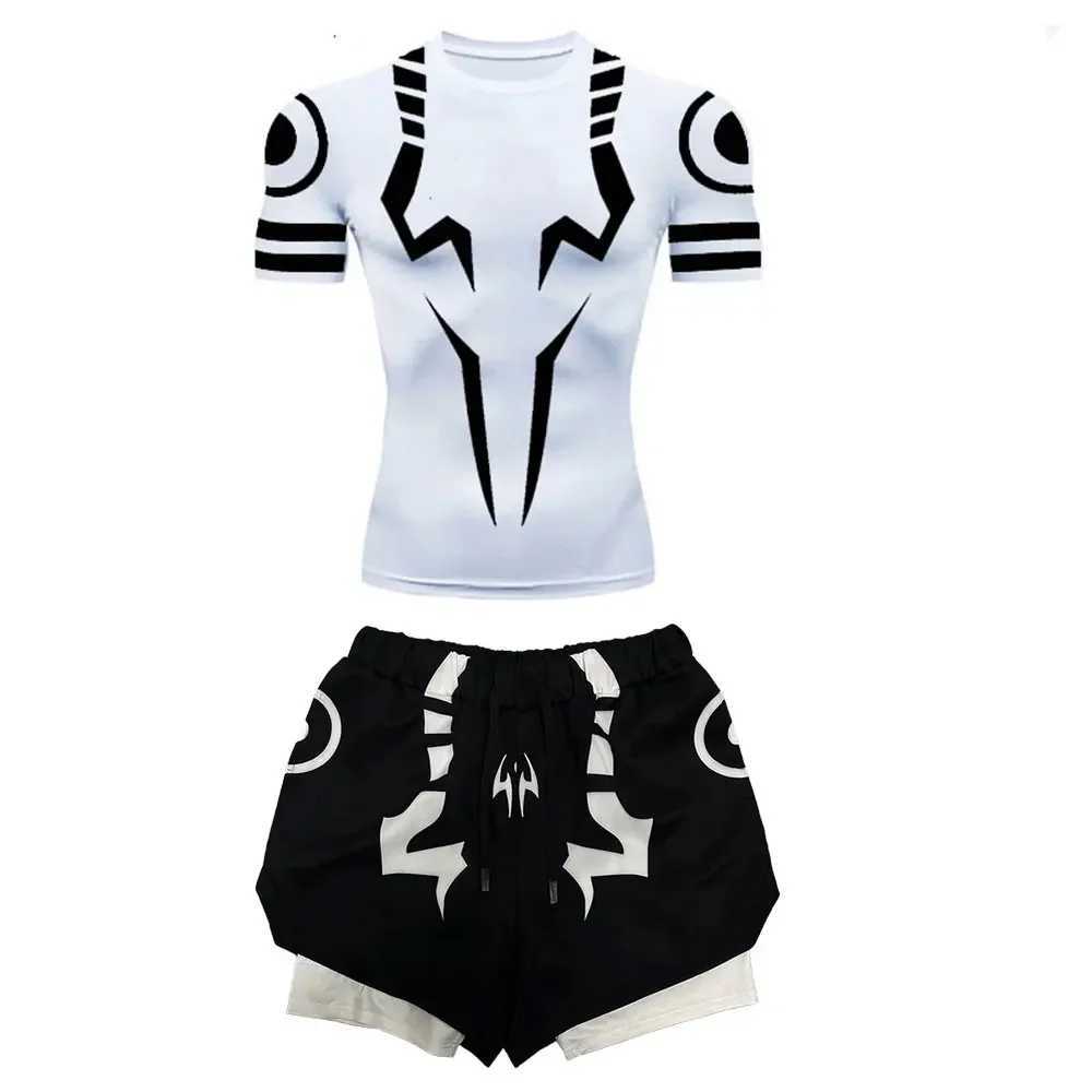 Mens Compression Set Anime Jujutsu Kaisen Printed Summer Gym Compression Shirts+Workout Shorts Breathable Quick Dry Sports Set X250129