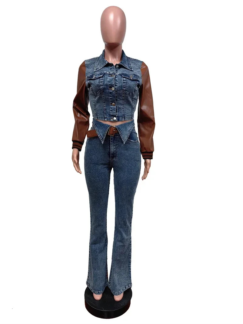 Colorblock Denim 2 Piece Sets Women Outfit Fall Clothes Women Patchwork Jean Jacket Top and Pants Sets Cow Two Piece Set 250120