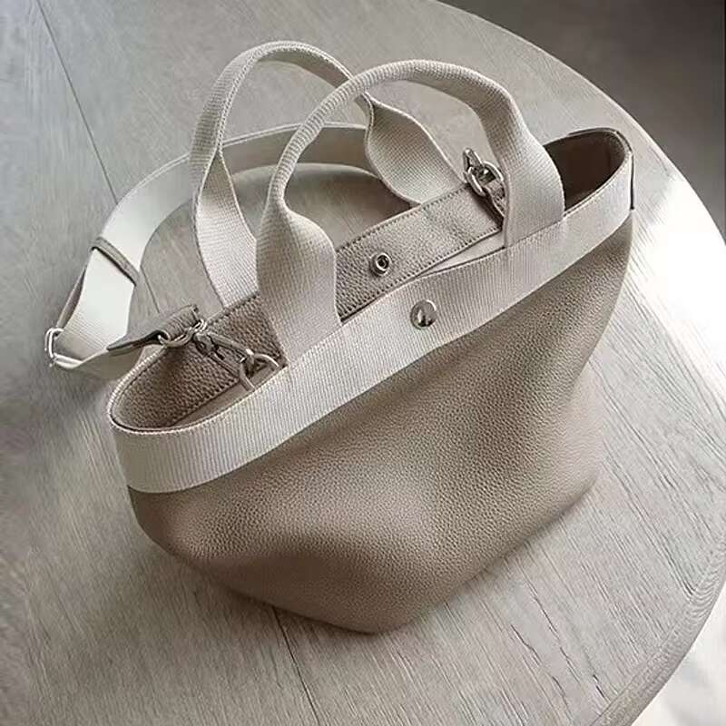 2024 Popular Women's Real Leather Tote With Canvas Trim Apricot Ladies Handbags Purse Large Capacity Leisure Crossbody Bag
