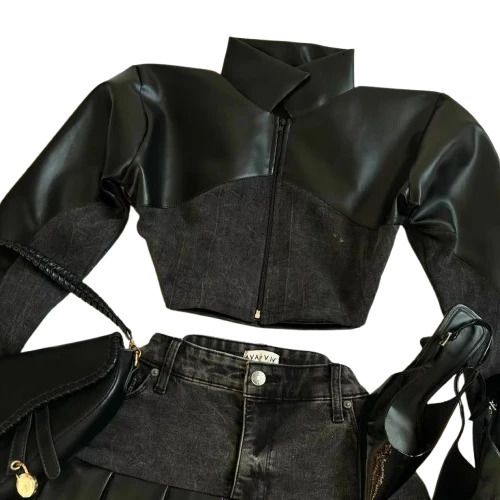 Gothic Two Piece Set Womens Y2K Vintage Denim Leather Patchwork Zipper Long Sleeve Short Jacket Slim Skirt 250122