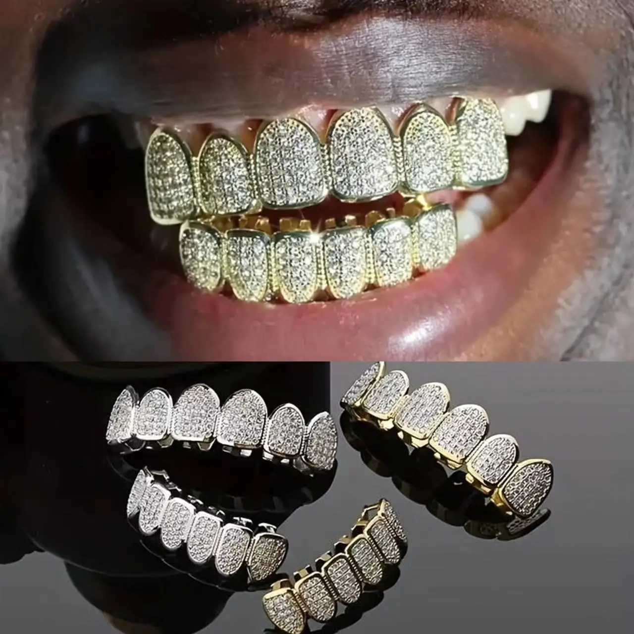 1set Hip Hop Full Iced Out Teeth Grillz Gold Plated Dental Grills Tooth Grillz Caps Crystal Teeth Caps Halloween Vampire ToothXJ250114