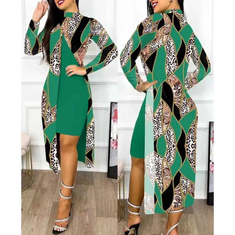 Two piece womens printed dress set full sleeve semi high neck split open front elegant firstline office ladies 250122