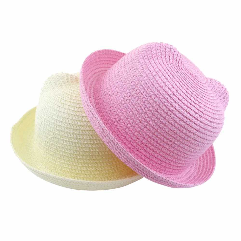 Summer Baby Ear Decoration Lovely Children Character Solid Kid Floppy Panama Straw Hats Girls and Boys Sun Hat M250121