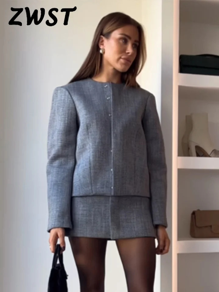 Elegant Gray Coat Mini Skirt Sets Women 2024 Slim Long Sleeve O-neck Single-breasted Button Coats A-line Skirts Two Piece Set 250121