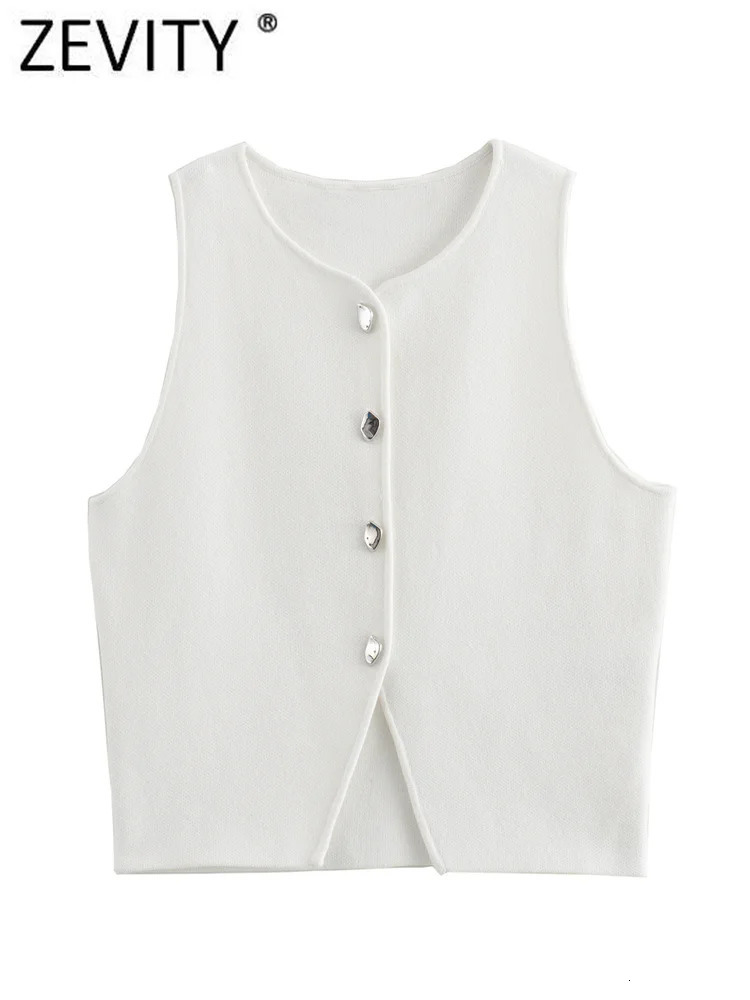 Zevity Women Basic O Neck Hem Hole Knitting Slim Short Blouse Female Chic Sleeveless Buttons Vest Shirt Blusas Crop Tops LS6236 250121