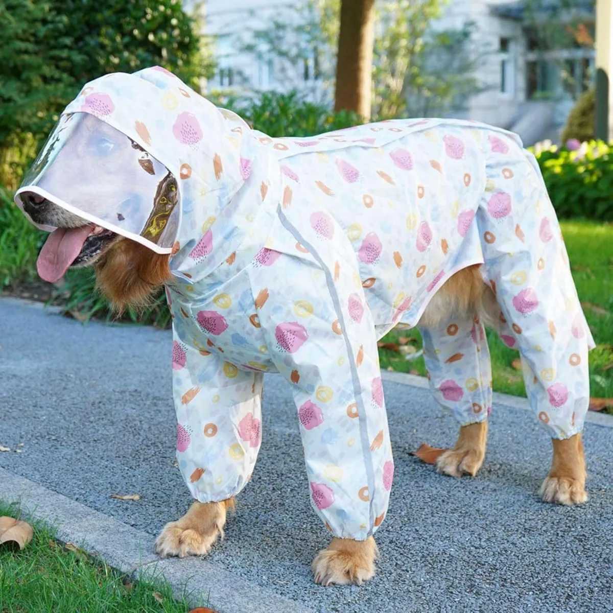 Extra Large Dog Hooded Raincoat with Transparent Brim Breathable 4-Legged Design Cartoon Print for Labrador Golden RetrieverXJ250121