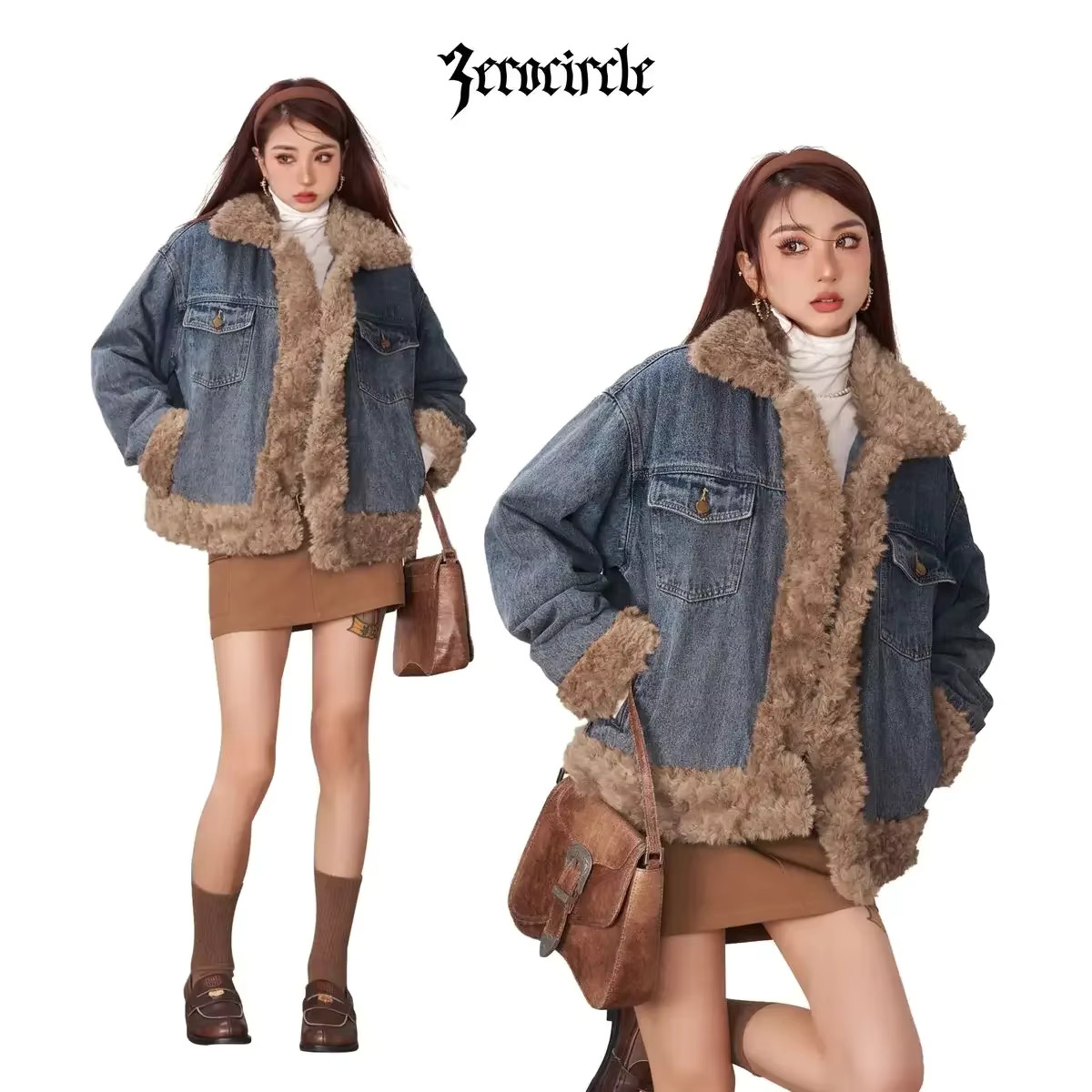 Fashion Furry Splicing Denim Jacket For Winter Polo Neck Loose And Thick Trendy Cotton Quilted Coat Women Clothing