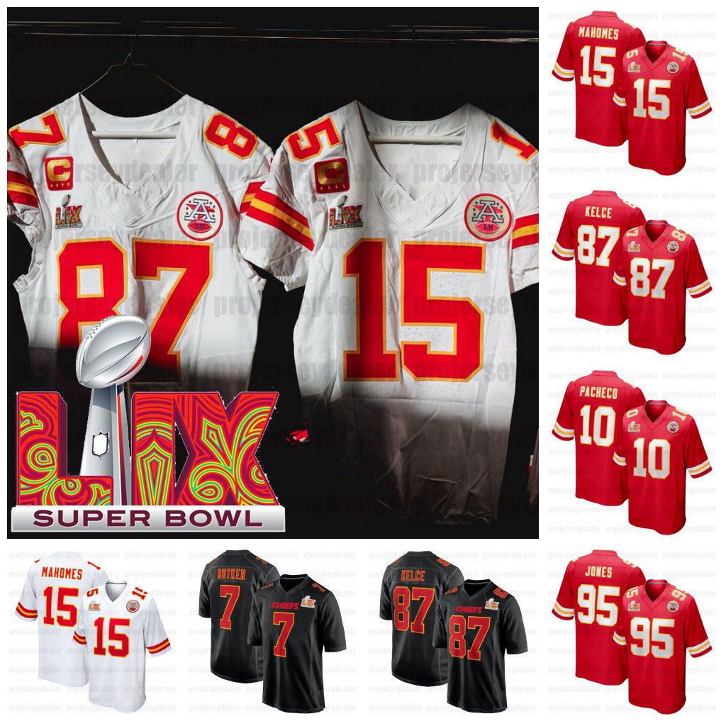 15 Patrick Mahomes KansasCitysChiefes 2025 Super Bowl Football Jerseys JuJu Smith-Schuster Jaylen Watson Travis Kelce Chris Jones Nick Bolton George Karlaftis